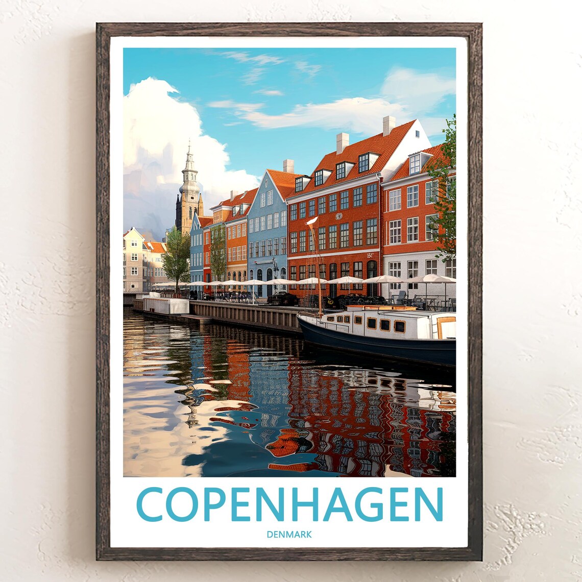 Copenhagen Nyhavn Red Townhouses Mirrored Canal Denmark Travel Poster