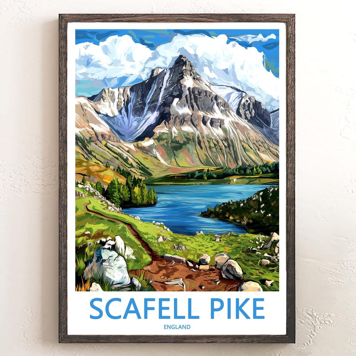 Scafell Pike England Snow Streaked Summit Beside Lake Trail Poster