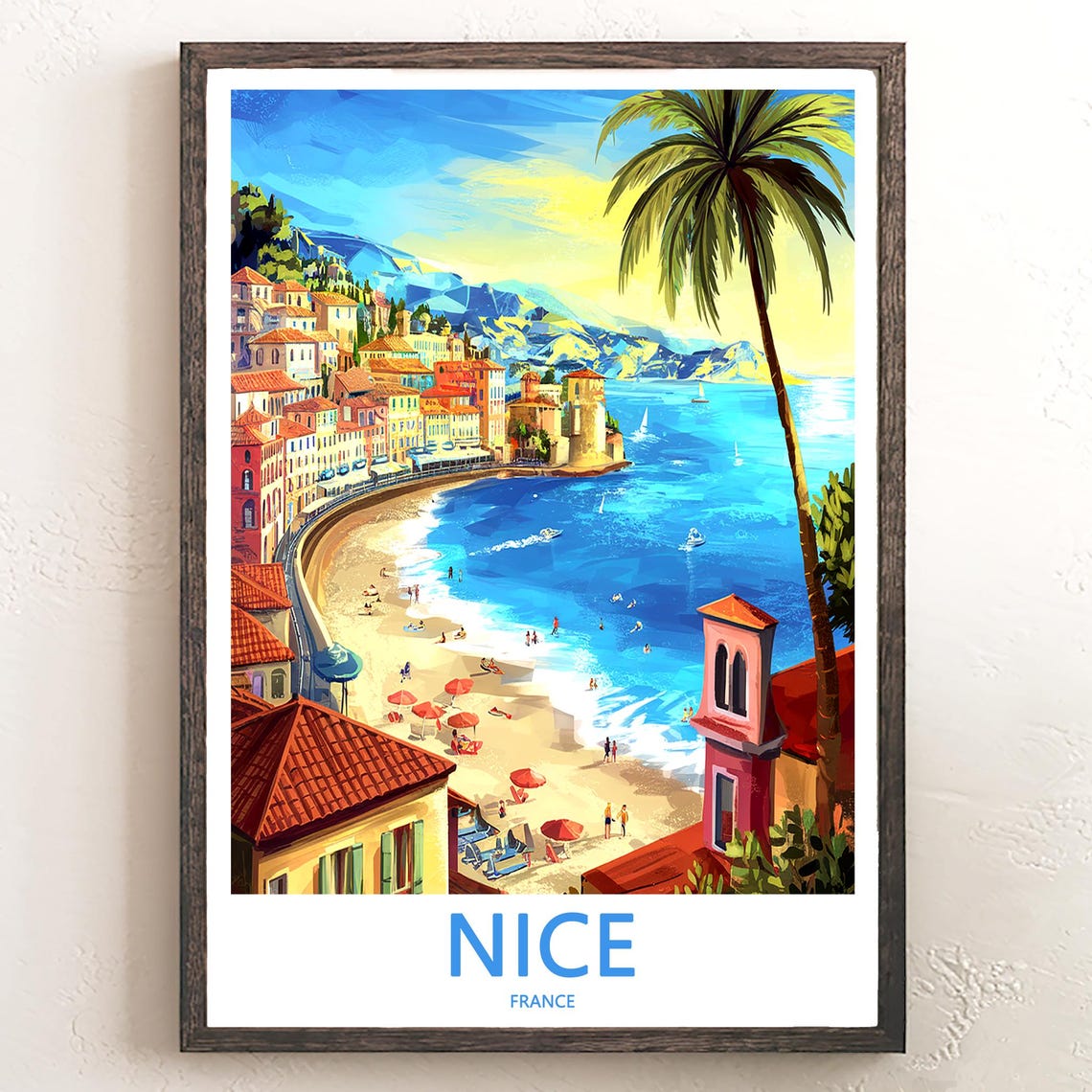 Nice France Curved Beach Palm Trees Riviera Travel Art Poster