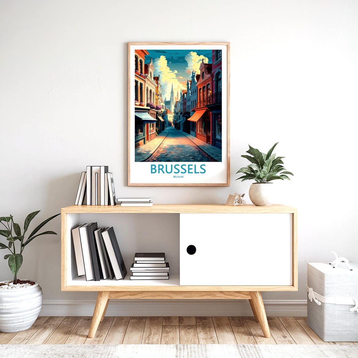 Brussels Cobblestone Street Flower Balconies Painted Scene Poster - Image 2