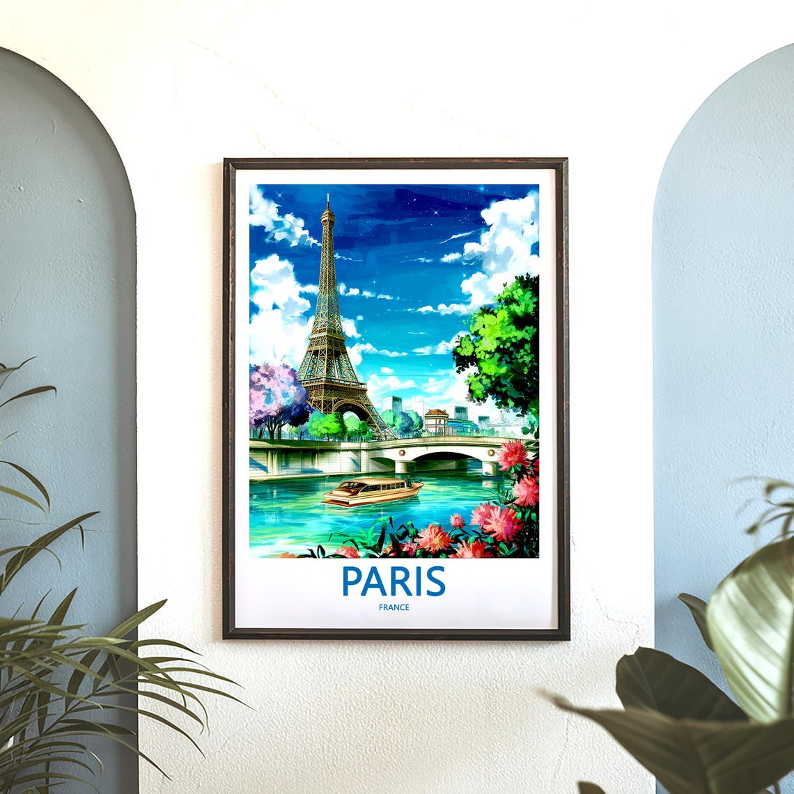 Paris Eiffel Tower Night View With Boat and Red Flowers Poster - Image 3