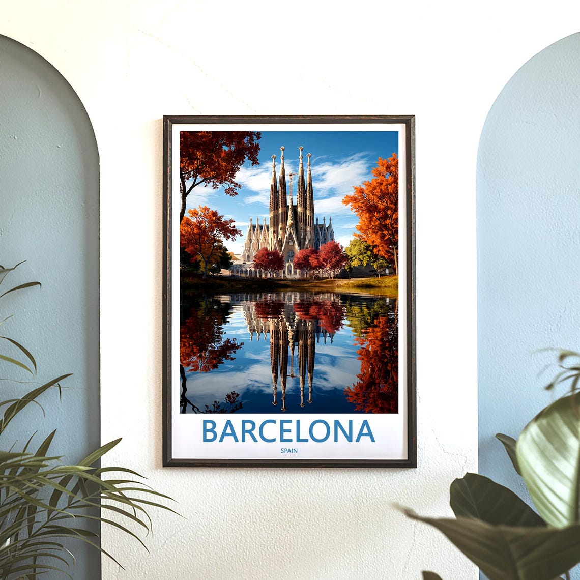 Barcelona Sagrada Família Autumn Reflection Lake Photo Poster - Image 3