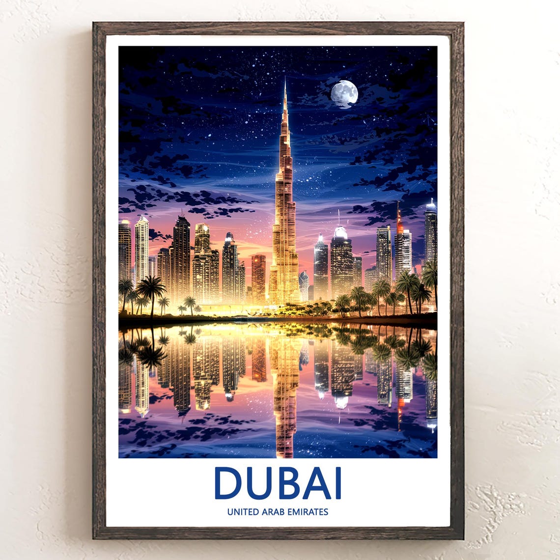 Dubai Burj Khalifa Moonlit Night with Golden Reflection Travel Poster