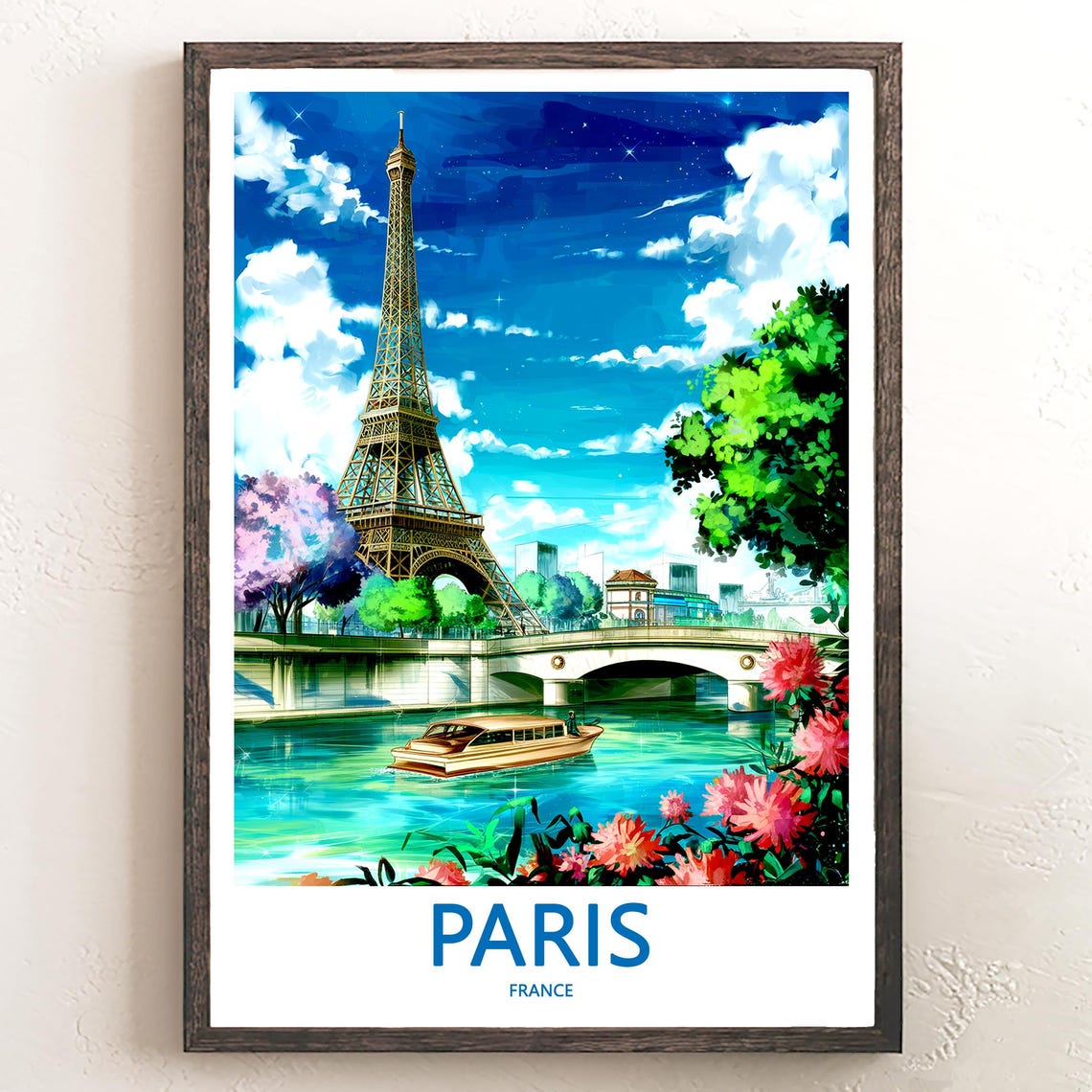Paris Eiffel Tower Night View With Boat and Red Flowers Poster