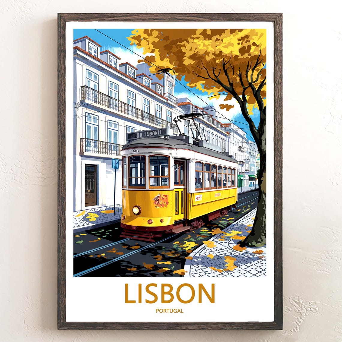 Lisbon Yellow Tram in Autumn With Golden Leaves Scene Poster
