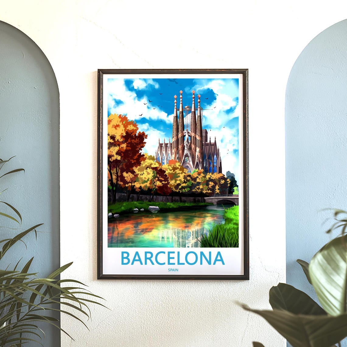 Barcelona Sagrada Família River Reflection Autumn Birds Poster - Image 3