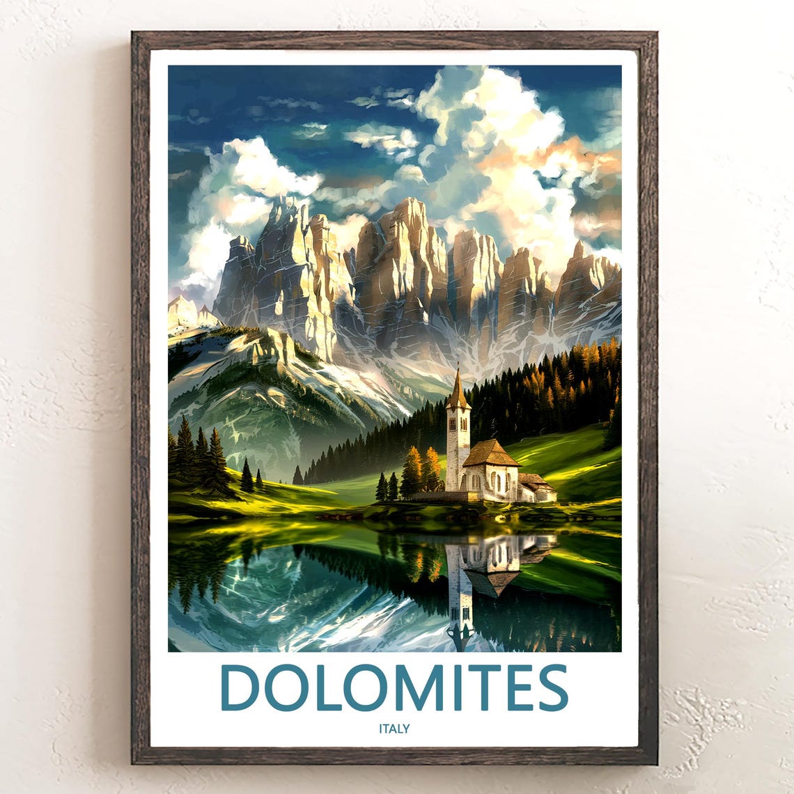 Dolomites Italy Lake Church Mountain Peaks Reflection Poster