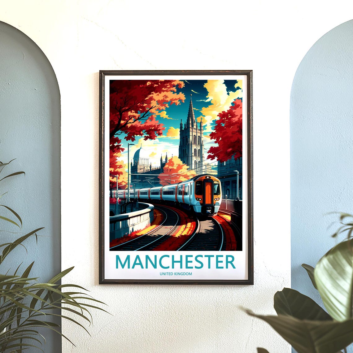 Manchester United Kingdom Autumn Train Passing Church Spire Poster - Image 3