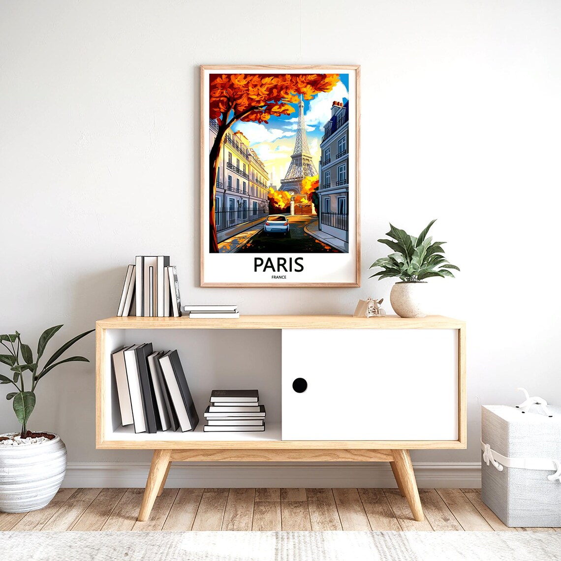Eiffel Tower Autumn Street White Car Illustrated Travel Poster - Image 2