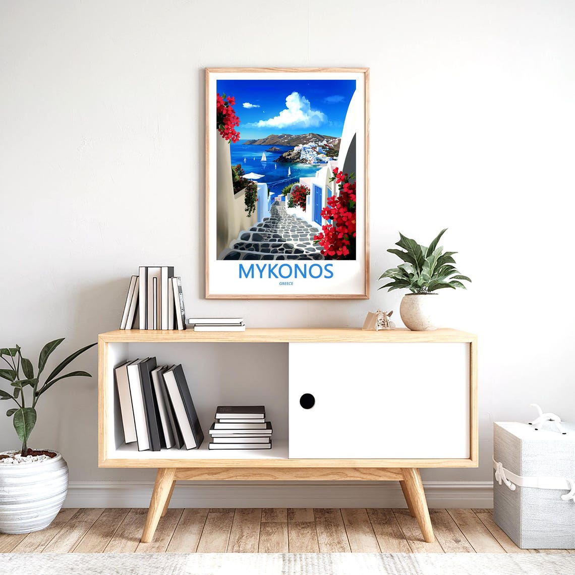 Mykonos Steps Down To The Harbor Red Flowers Greece Art Poster - Image 2