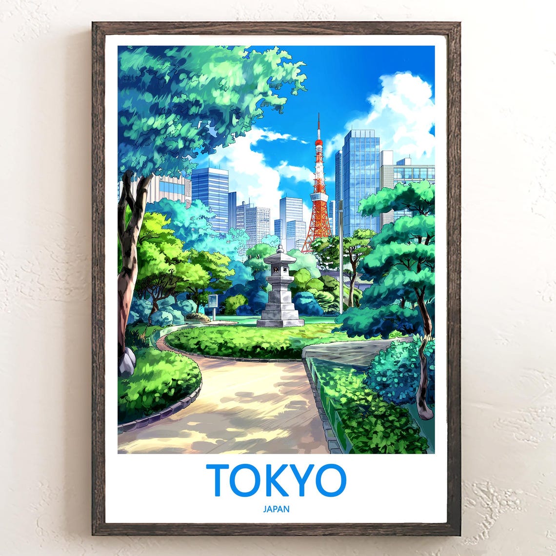 Illustrated Tokyo Park Stone Lantern with Tokyo Tower Beyond Poster