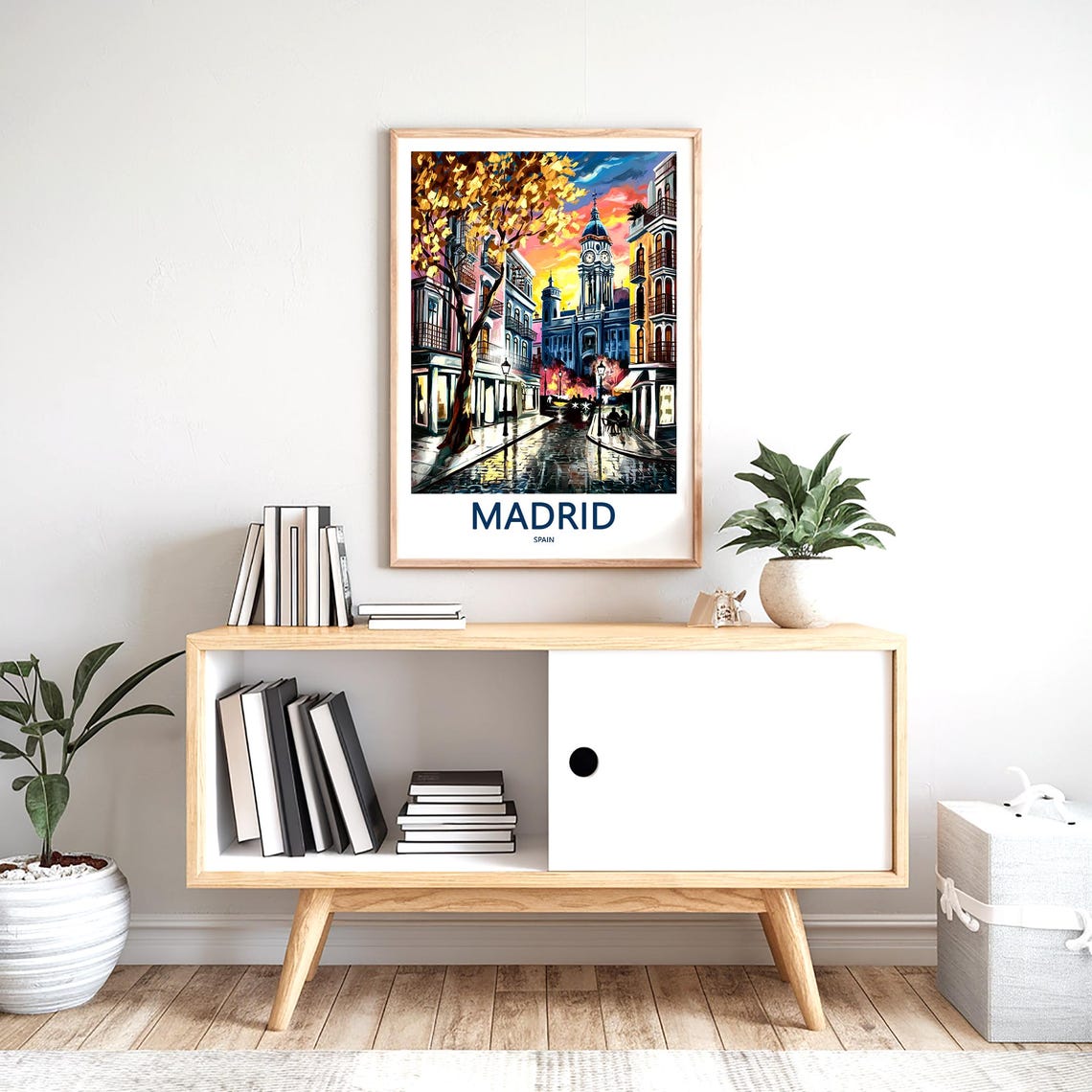 Madrid Golden Tree Cobblestone Street Sunset Painterly Poster - Image 2