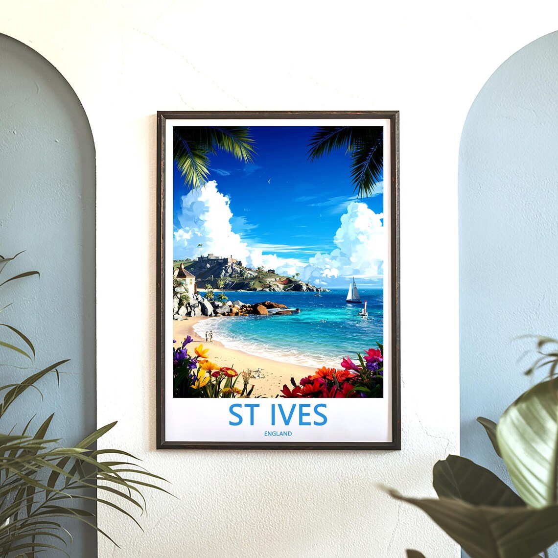 St Ives England Sandy Beach Sailboats Palm Fronds Floral Poster - Image 3