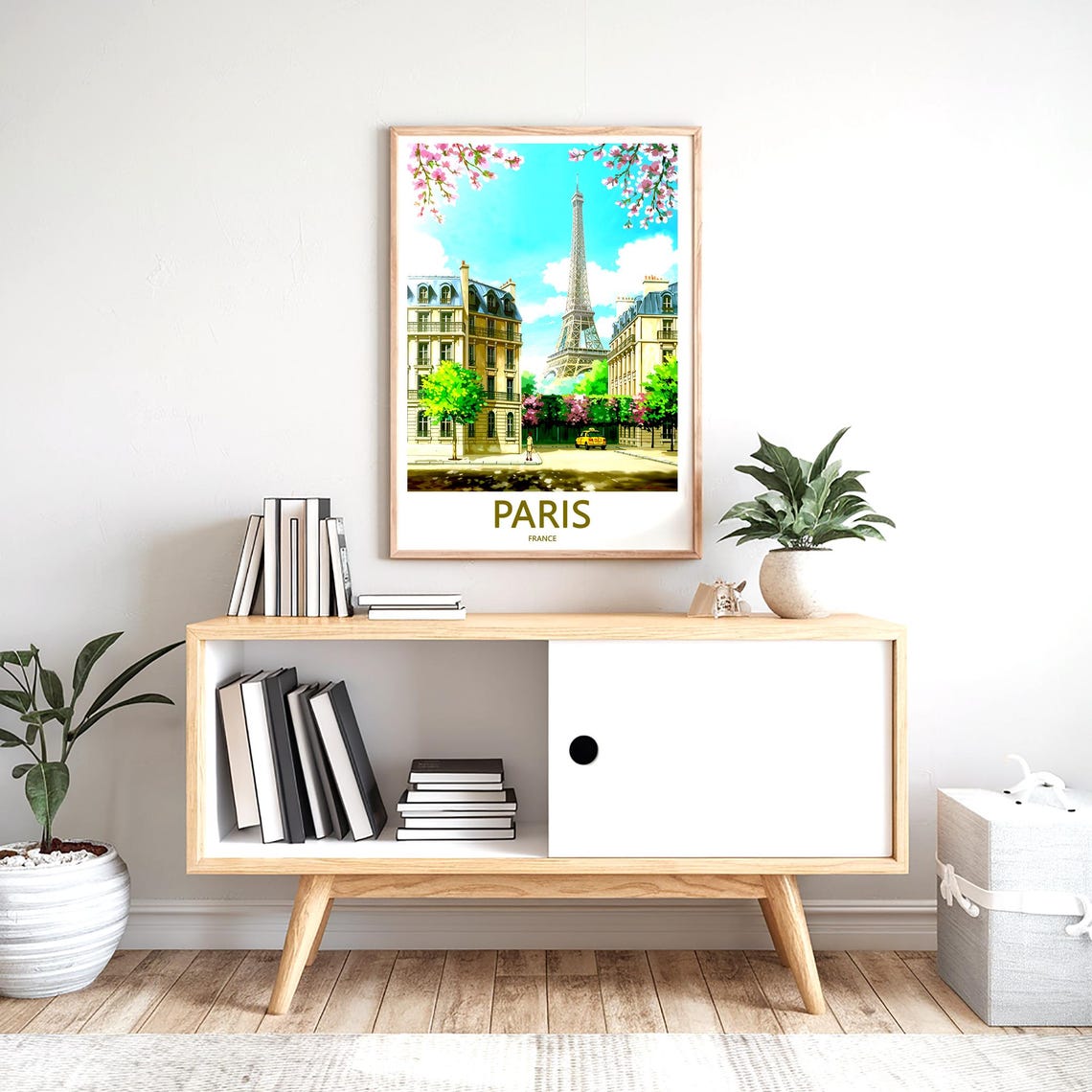 Eiffel Tower Between Haussmann Buildings in Pink Cherry Blossom Poster - Image 2