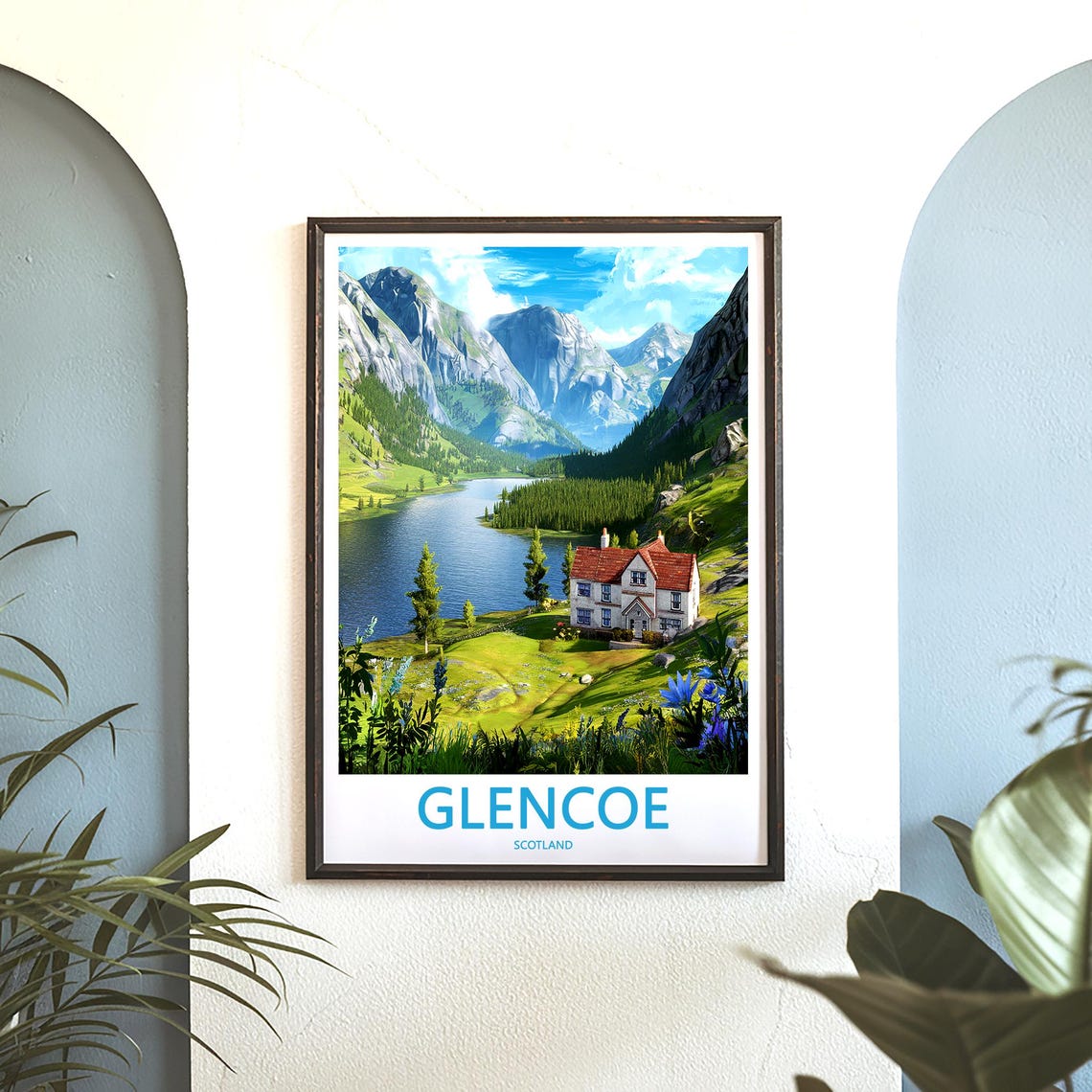 Glencoe Scotland Cottage by the Loch Mountain Vista View Poster - Image 3