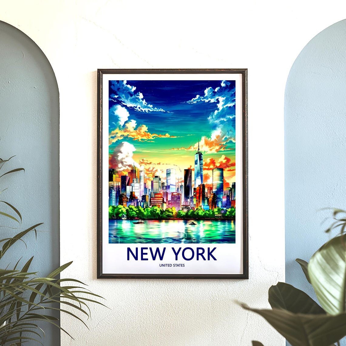 New York Manhattan Sunset Skyline River Water Colorful Travel Poster - Image 3