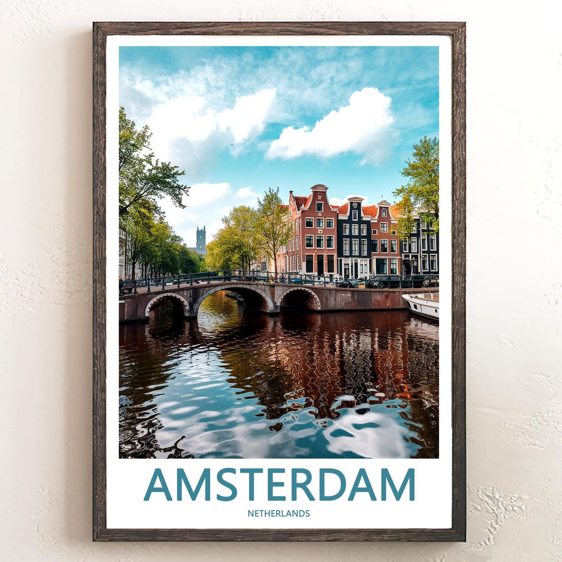 Amsterdam Photo of Triple Arch Stone Bridge Red Roofs and Boat Poster