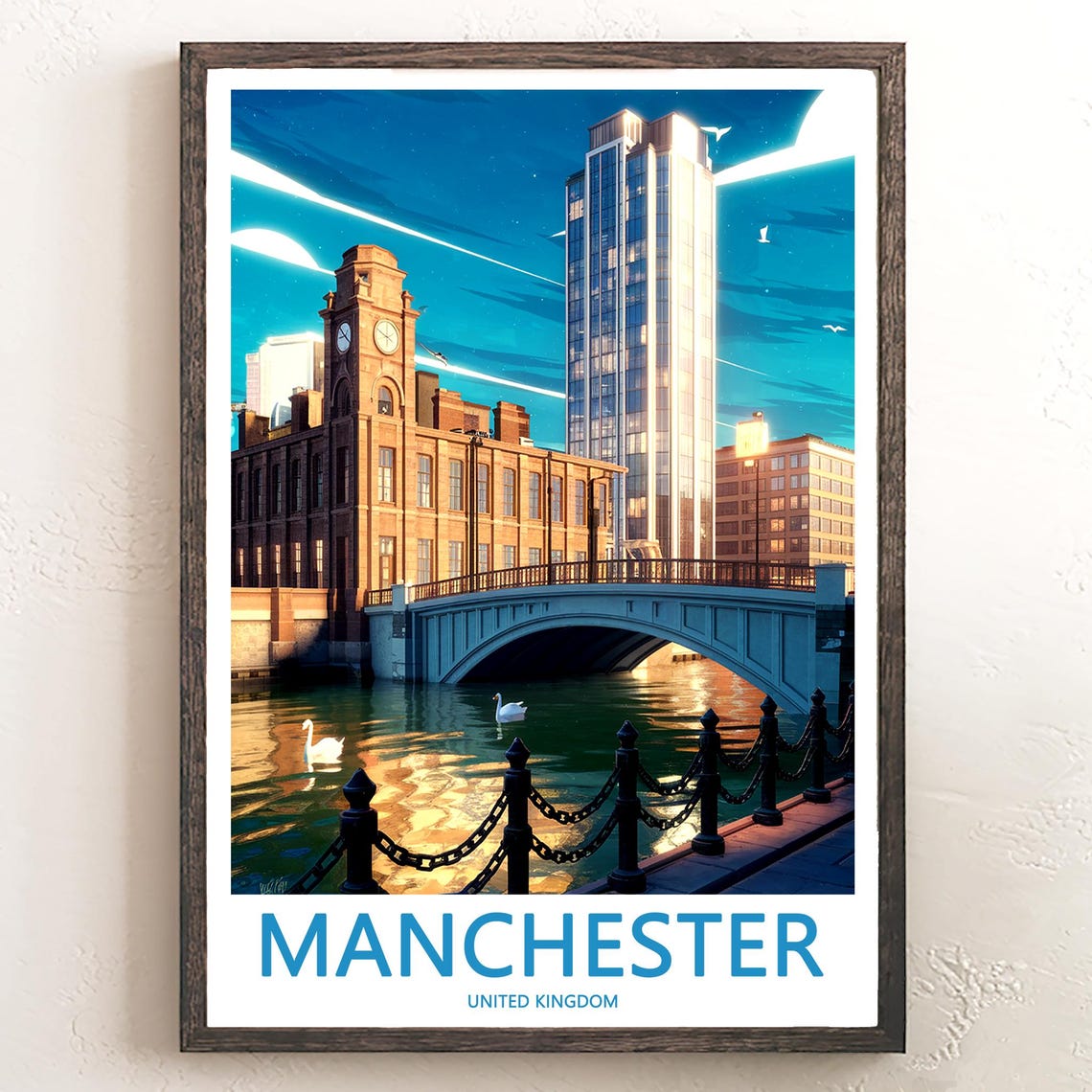 Manchester United Kingdom Daytime Bridge Swans Skyline Poster