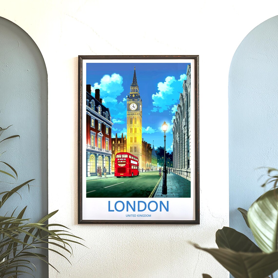 Big Ben Evening Street Scene with Red Bus and Lamppost Poster - Image 3