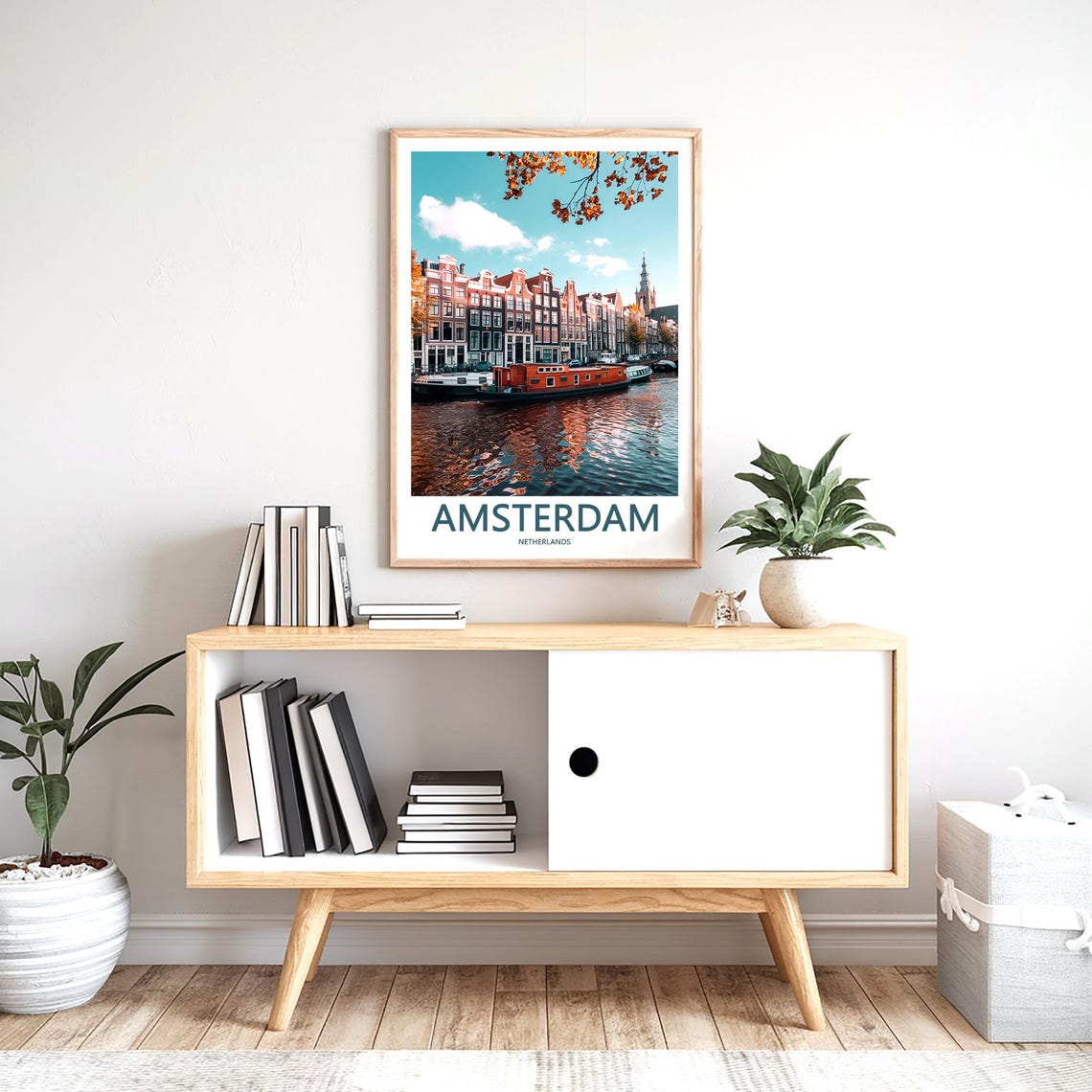 Amsterdam Canal Houseboats under Autumn Branches Photo Poster - Image 2