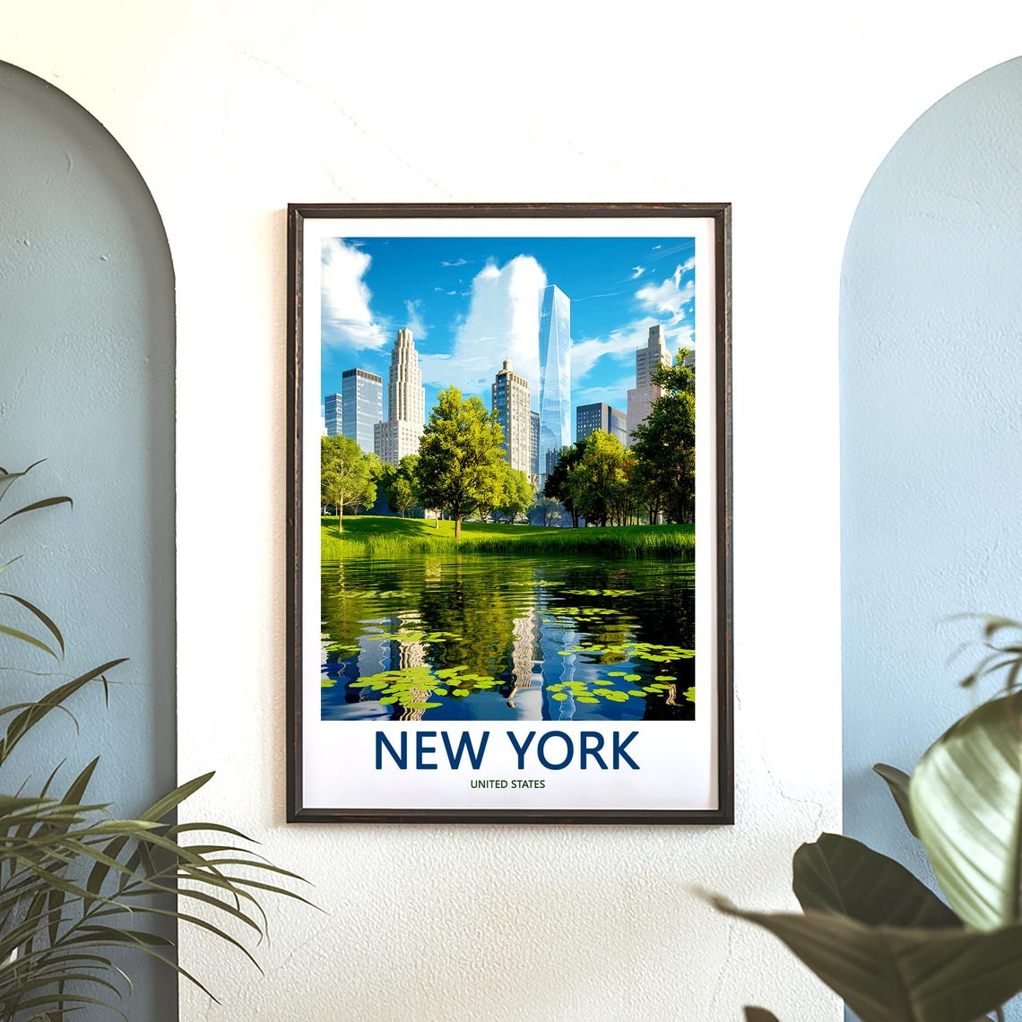 New York One World Trade Center Park Pond Blue Sky Travel Poster - Image 3