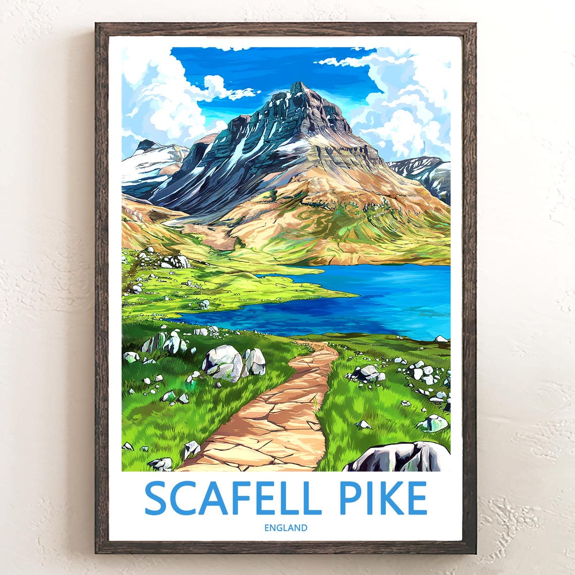 Scafell Pike England Rugged Summit Stone Path to Lake Poster
