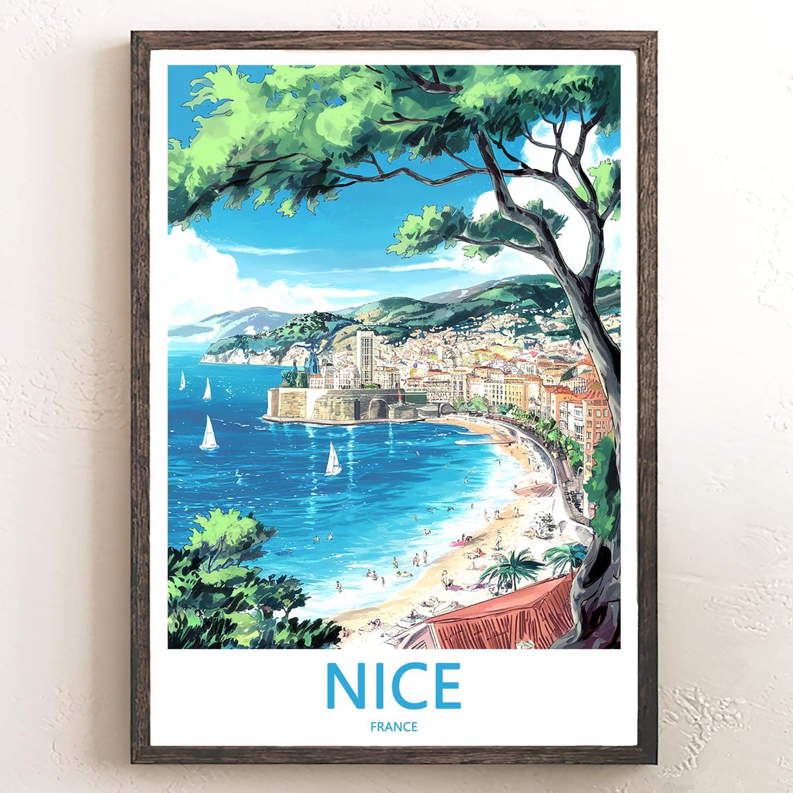 Nice France Bay View Framed By Pine Branches Travel Art Poster