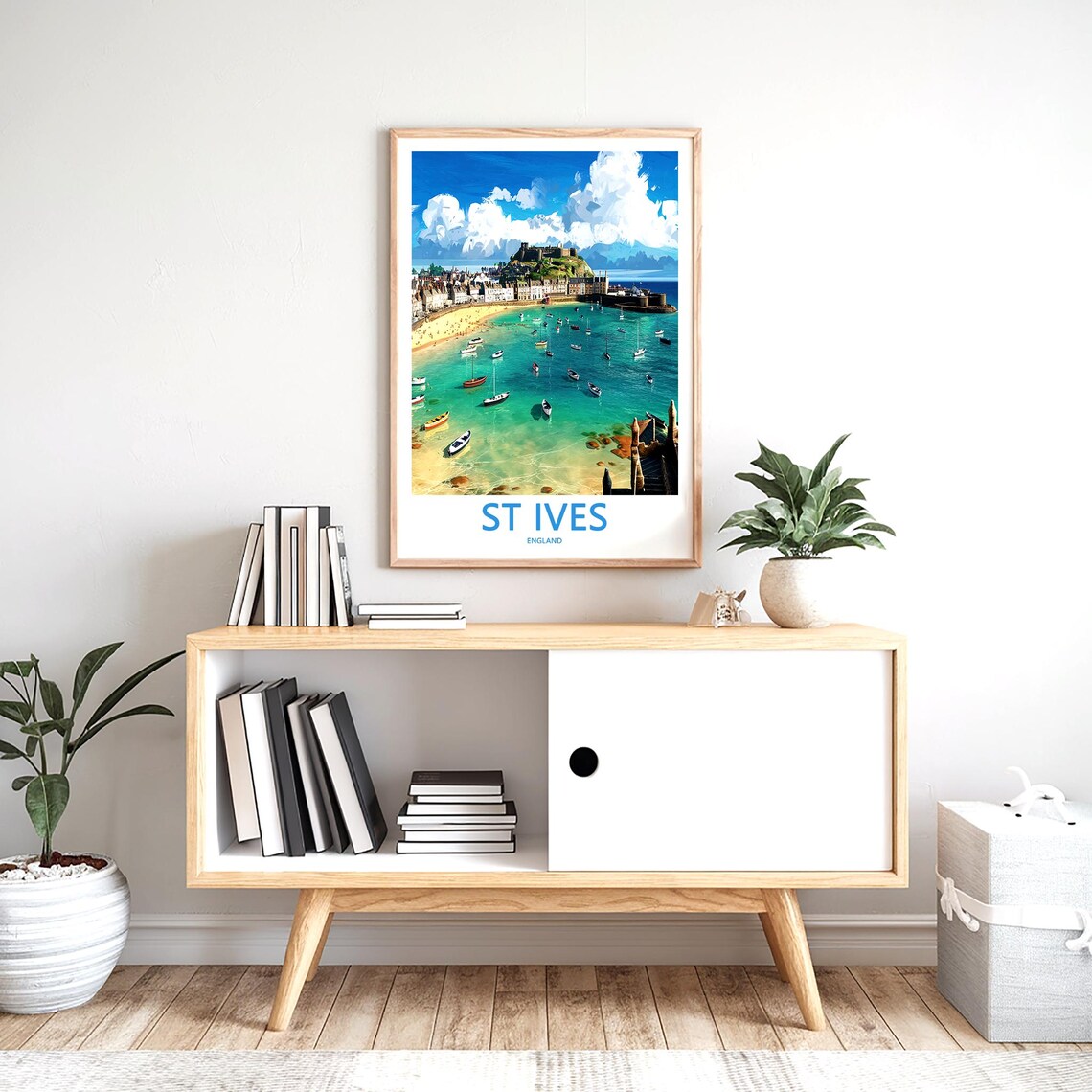 St Ives England Turquoise Harbor Boats and Hilltop Castle Poster - Image 2