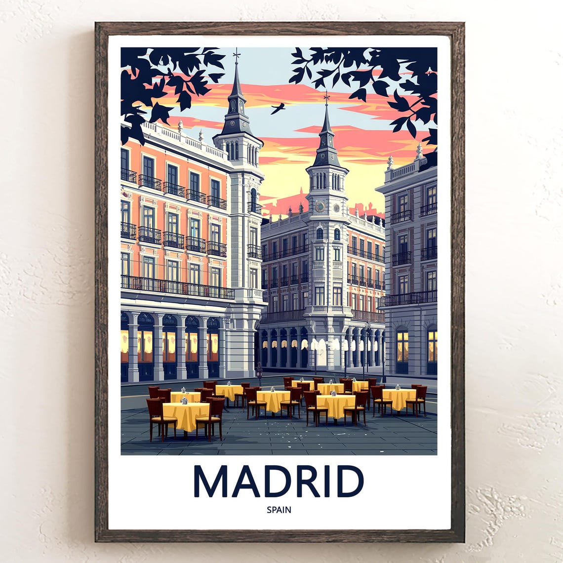 Madrid Plaza Mayor Illustrated Sunset Cafe Terrace Scene Poster