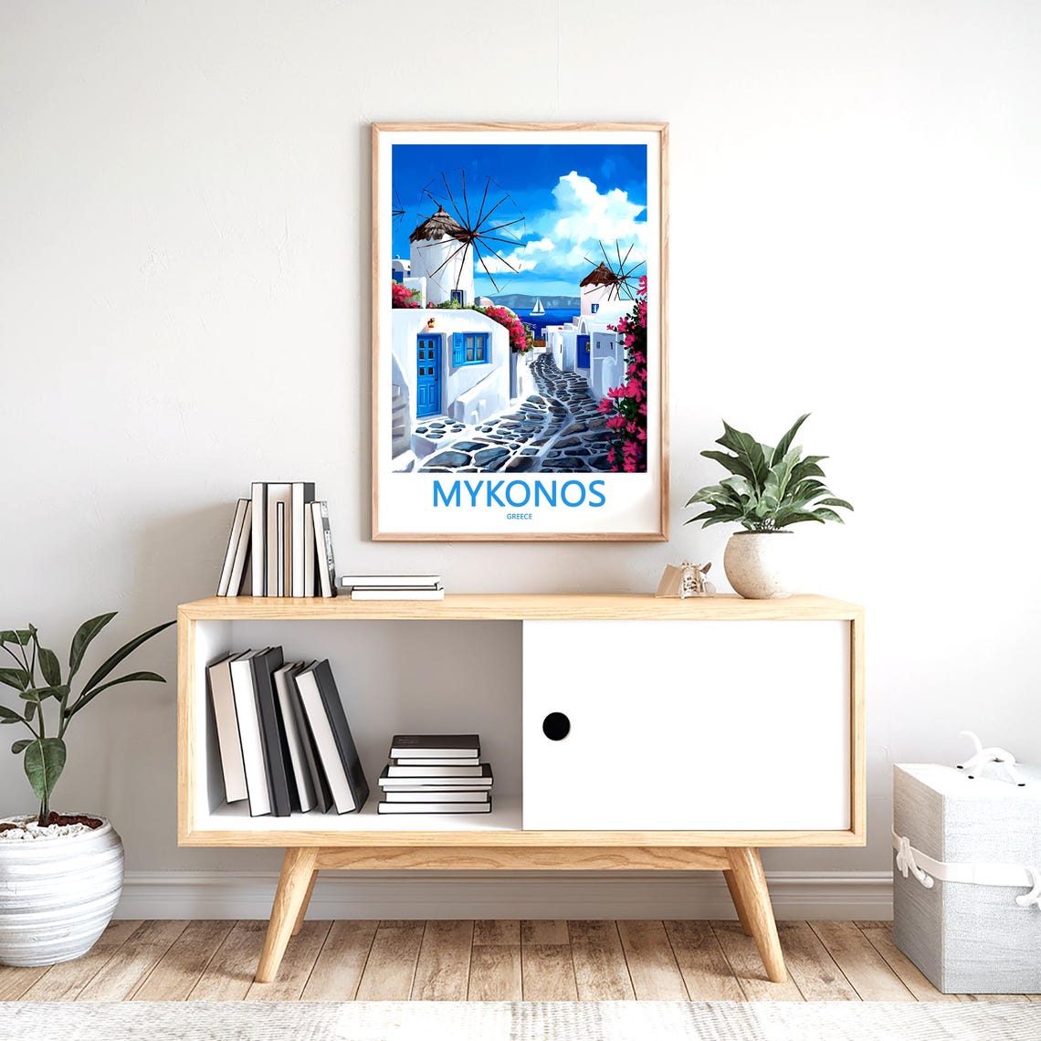 Mykonos Windmills Cobbled Street Bougainvillea Greece Art Poster - Image 2