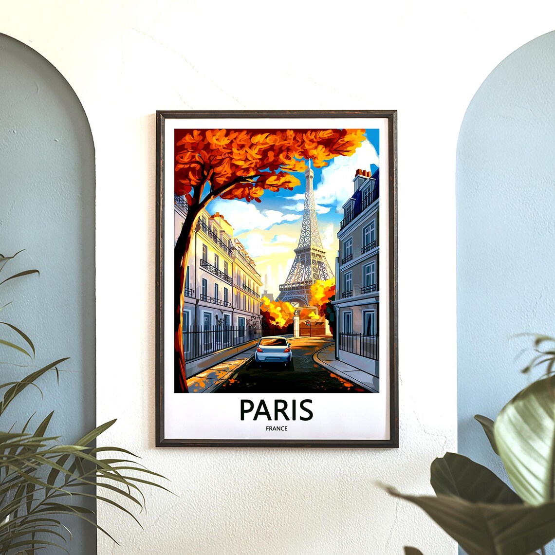 Eiffel Tower Autumn Street White Car Illustrated Travel Poster - Image 3