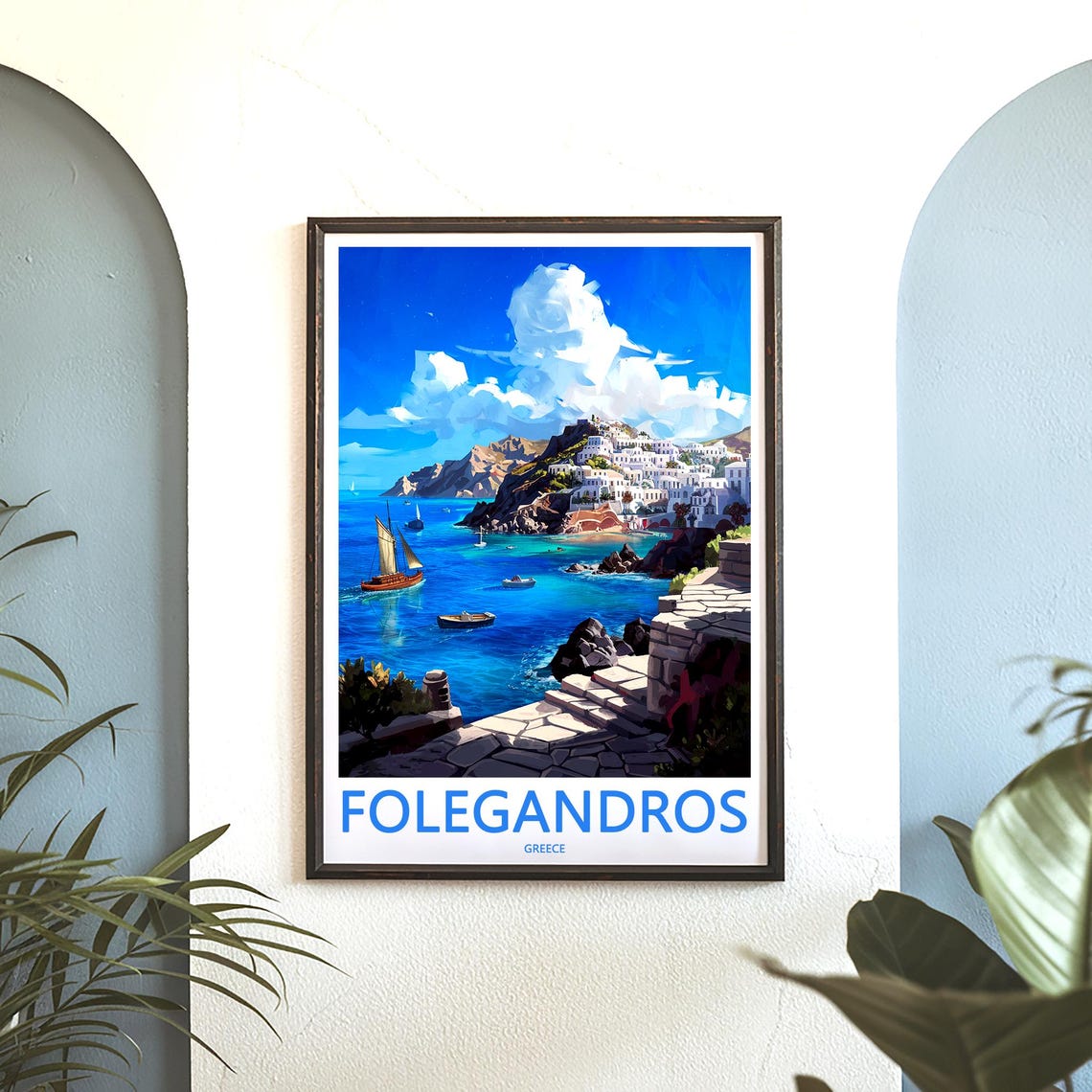 Folegandros Whitewashed Cliff Village and Sailboats Travel Poster - Image 3