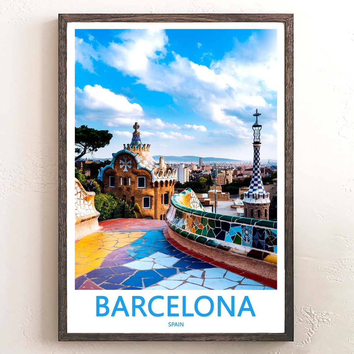 Barcelona Park Güell Sunny Terrace Photo Blue Sky Travel Poster