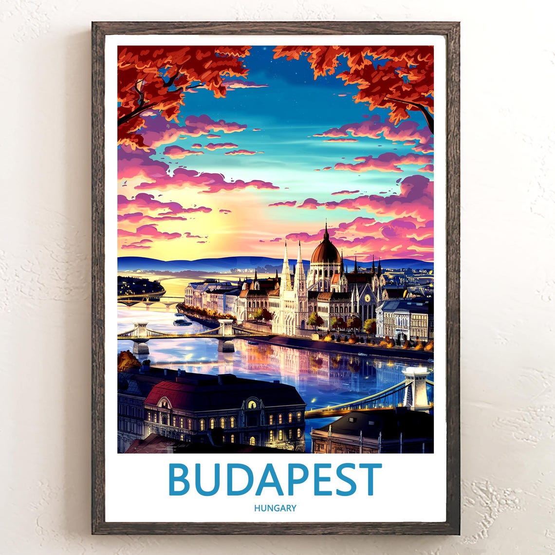 Budapest Hungary Parliament Sunset Painted River Travel Poster