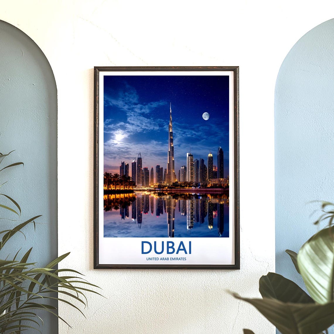 Dubai Burj Khalifa Midnight Moon with Deep Blue Reflection Poster - Image 3