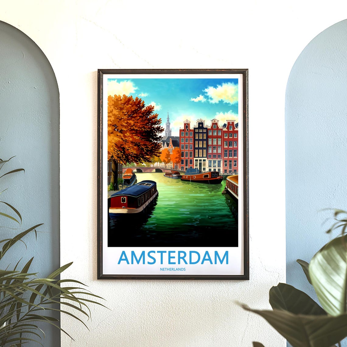 Amsterdam Autumn Emerald Canal Houseboats Illustrated Poster - Image 3