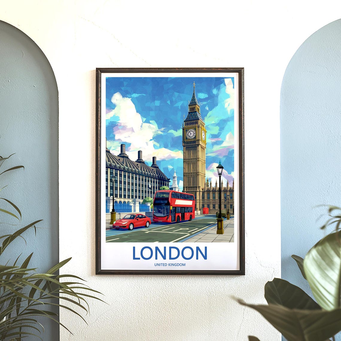 London Big Ben Geometric Low Poly Red Bus Street Artwork Poster - Image 3