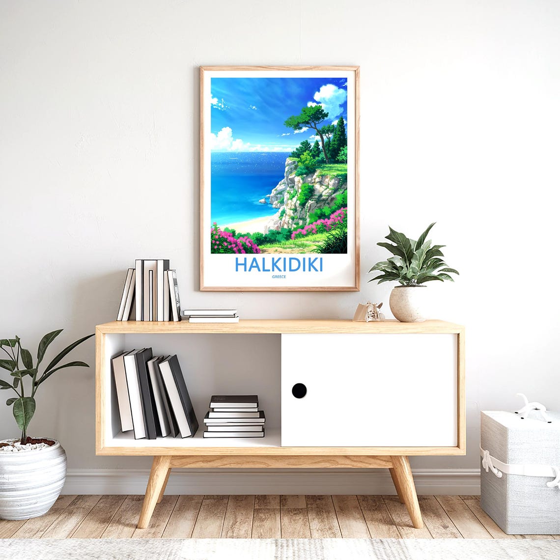 Halkidiki Greece Anime Style Pine Tree Cliff Over Turquoise Sea Poster - Image 2