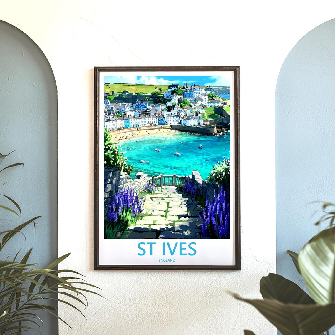 St Ives England Scenic Lavender Lined Stone Steps to Harbor Poster - Image 3