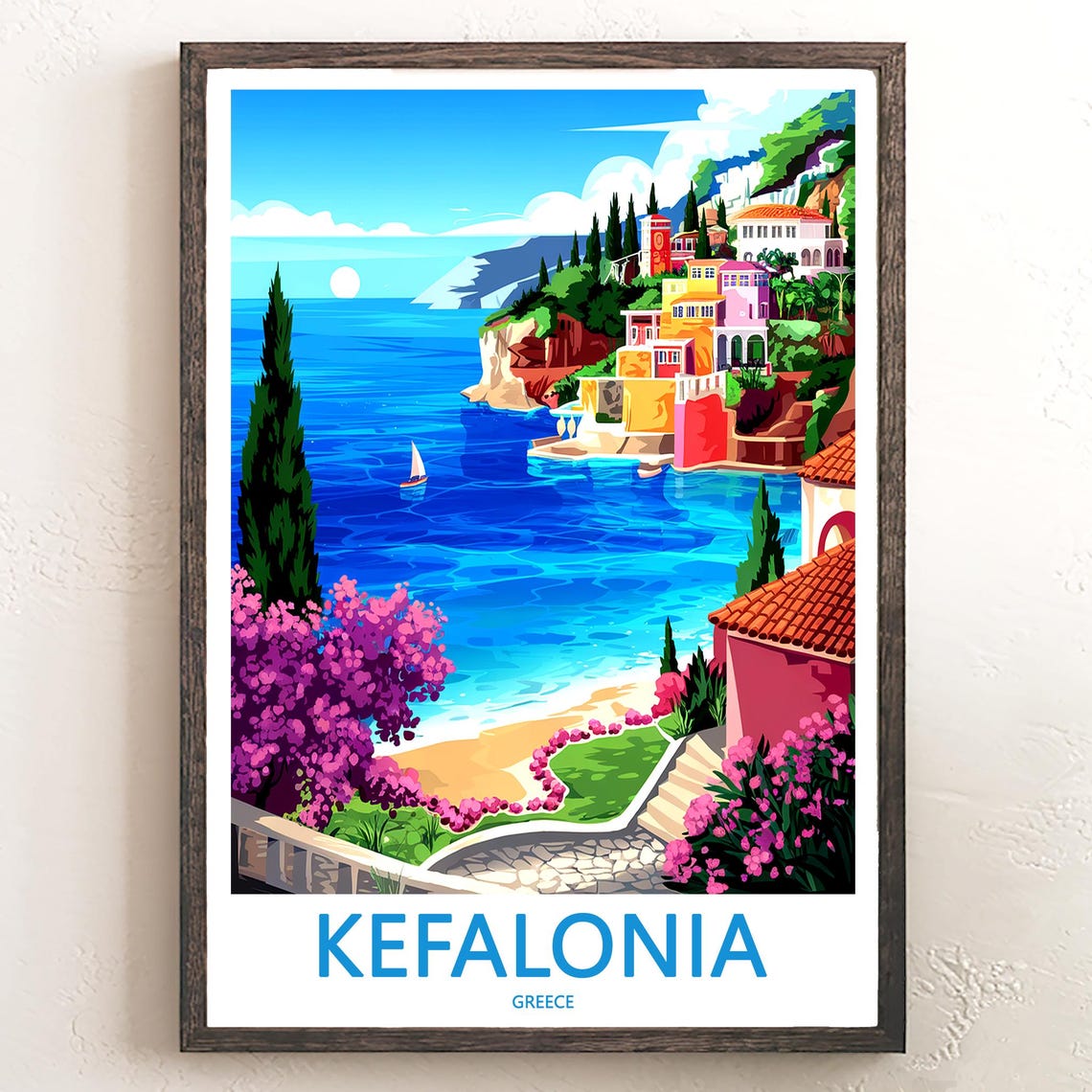 Kefalonia Greece Colorful Cliff Village Moonlight Bay Poster