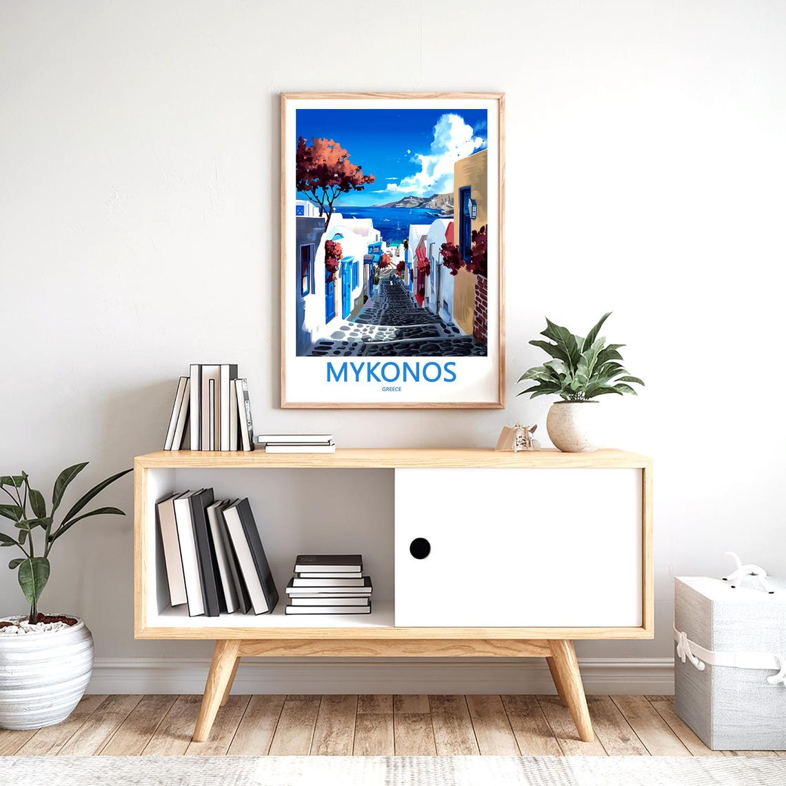 Mykonos Red Tree Cobbled Street Bay View Greece Decor Poster - Image 2