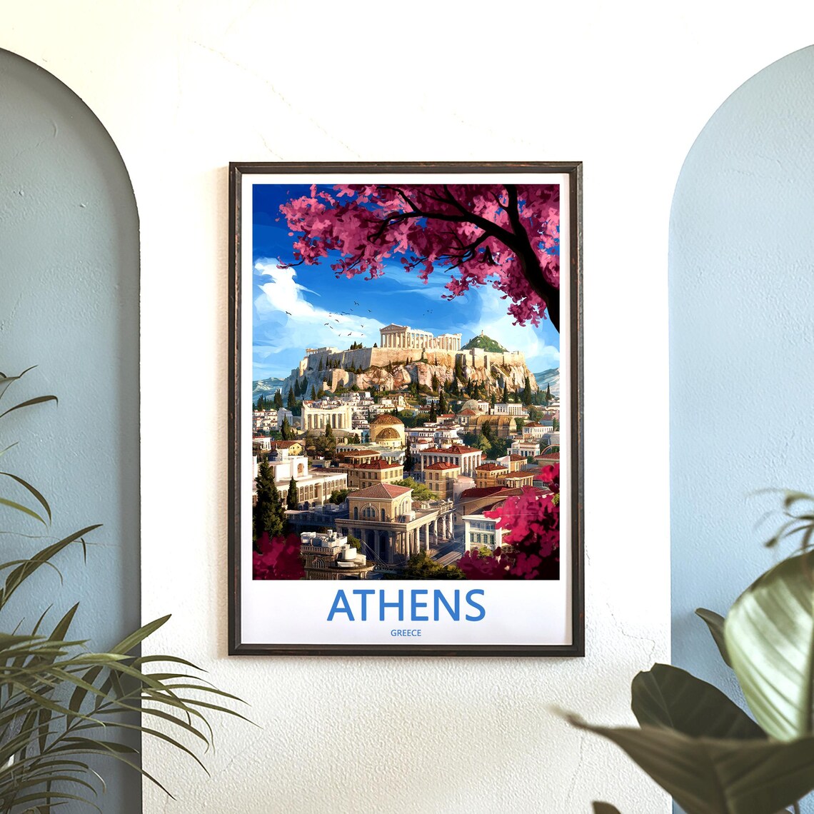 Athens Acropolis Pink Blossom Cityscape Illustrated Travel Poster - Image 3