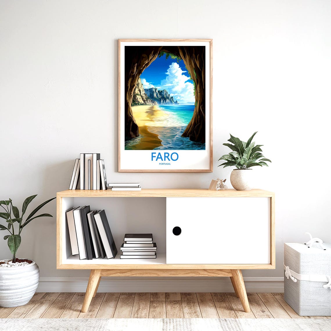 Faro Portugal Anime Style Cave Framing a Sunny Beach and Cliffs Poster - Image 2