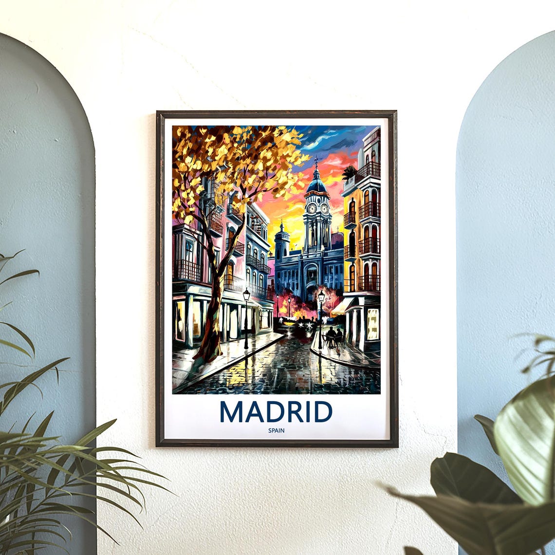 Madrid Golden Tree Cobblestone Street Sunset Painterly Poster - Image 3