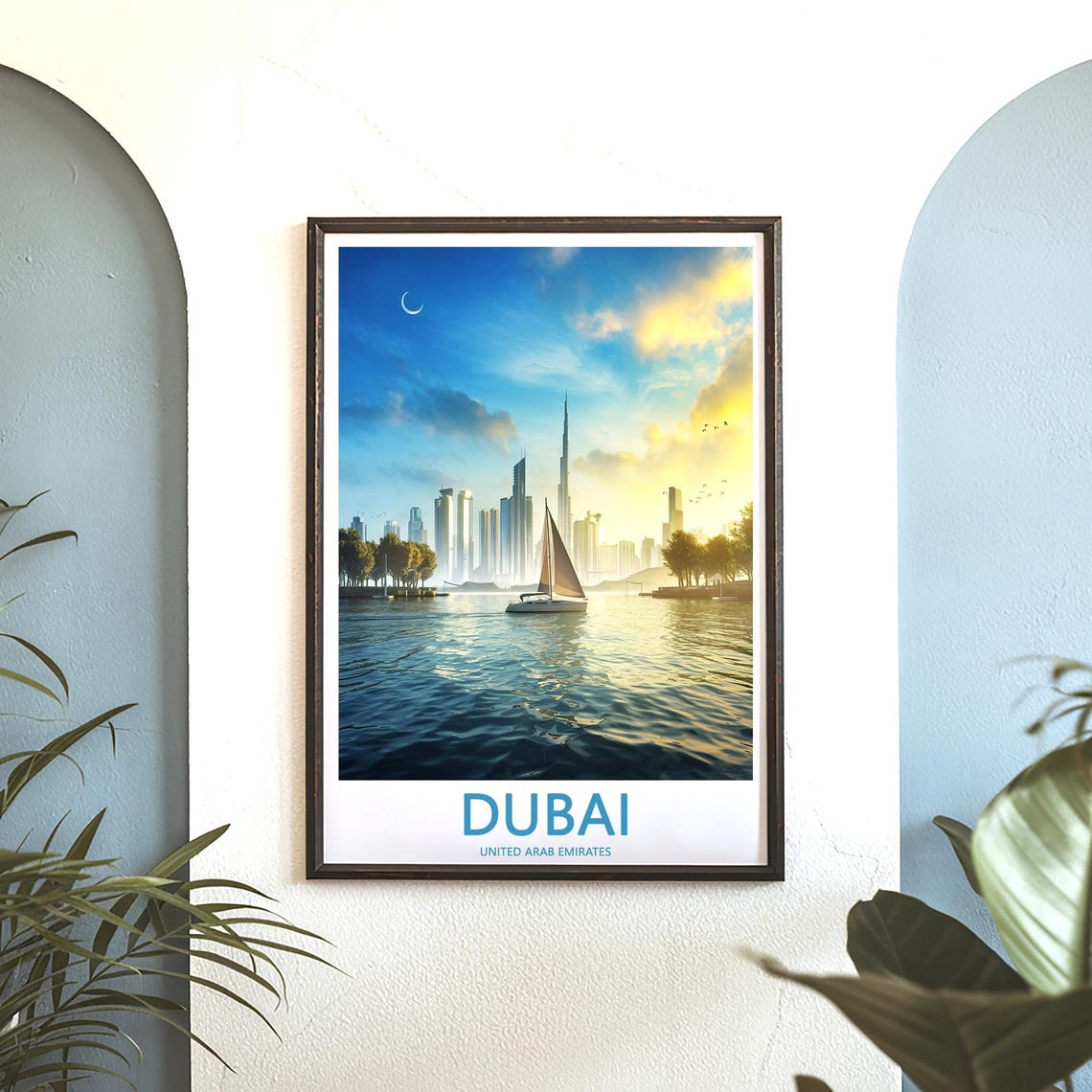 Dubai Marina Golden Sunset Sailboat with Crescent Moon Travel Poster - Image 3