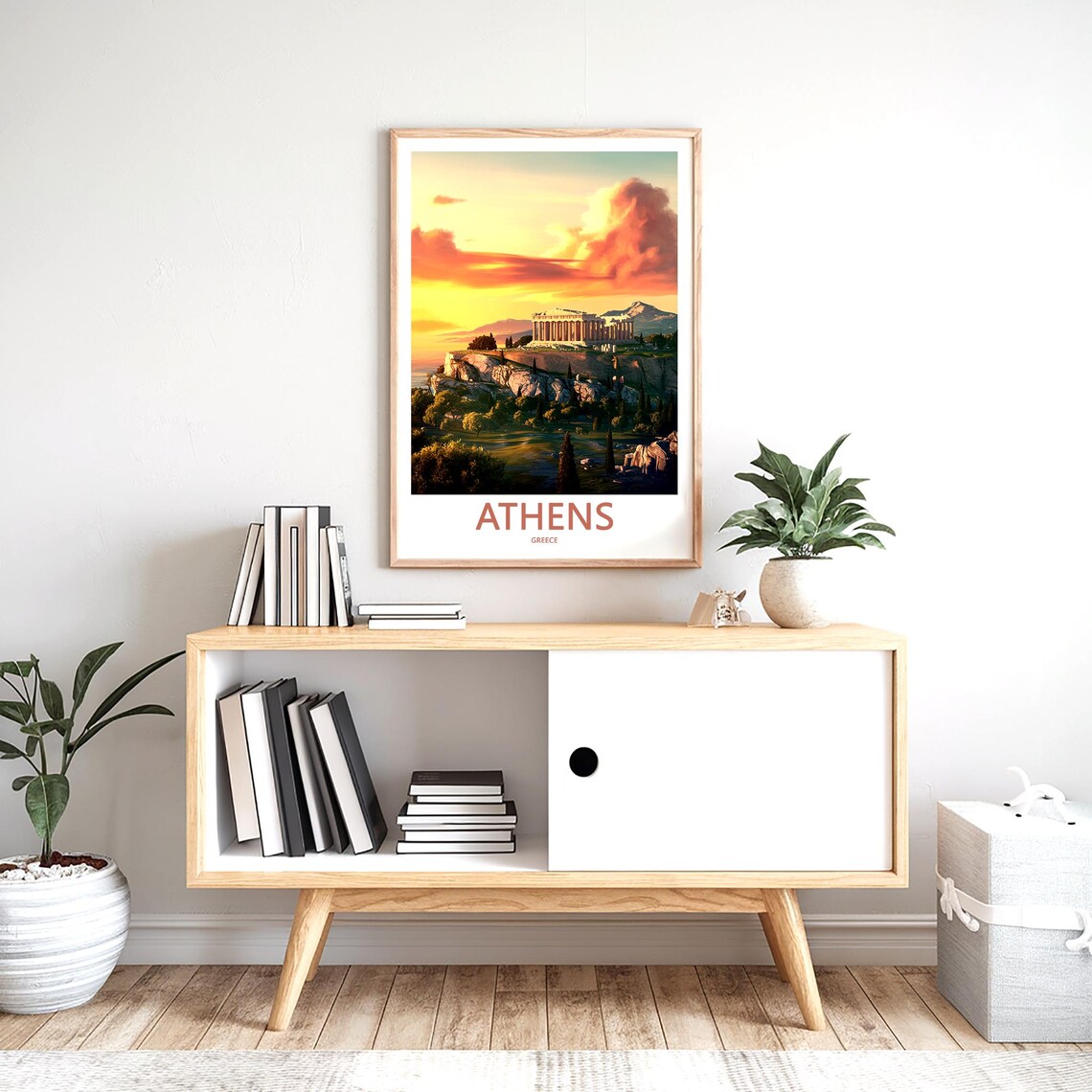 Athens Acropolis Fiery Sunset Mountains Landscape Illustrated Poster - Image 2