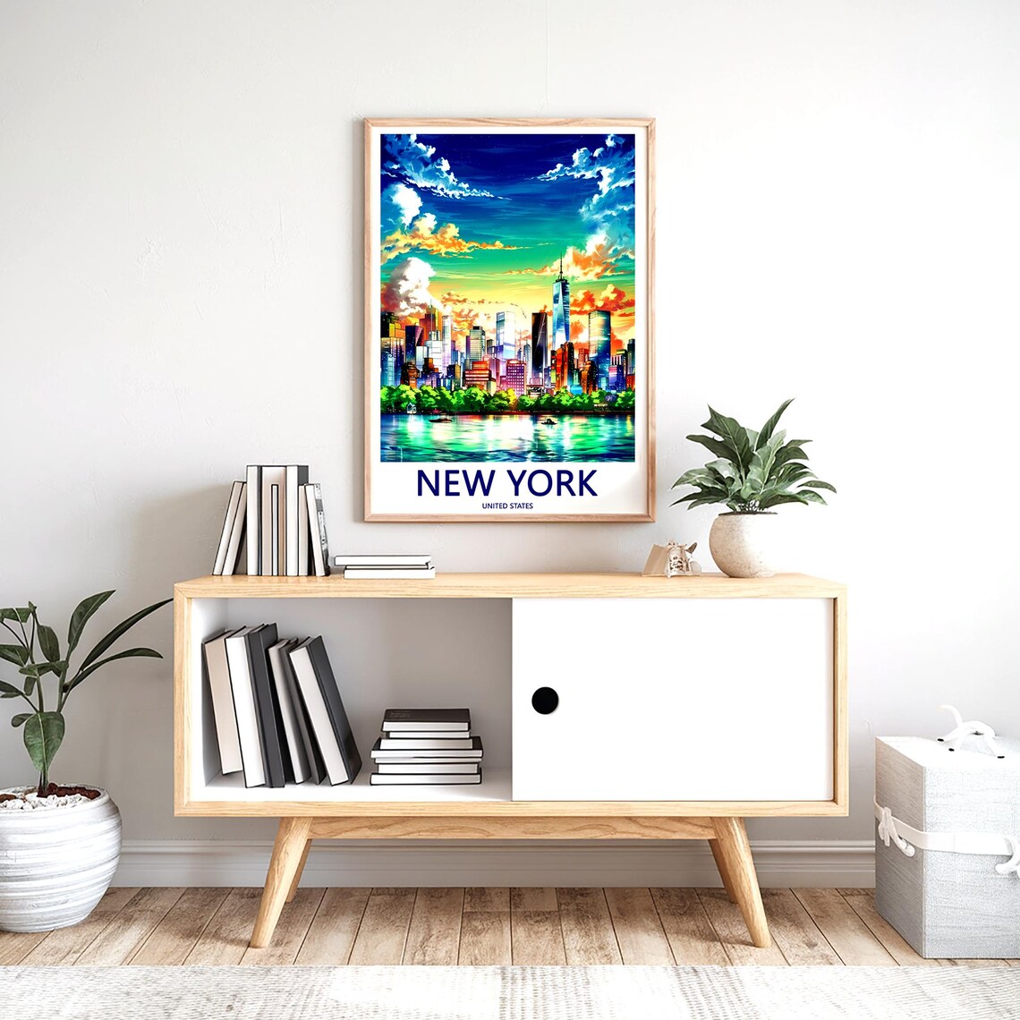 New York Manhattan Sunset Skyline River Water Colorful Travel Poster - Image 2