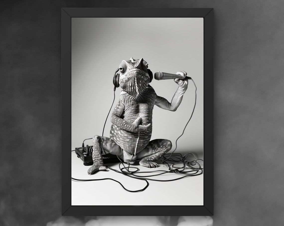 Chameleon DJ with Headphones Microphone and Mixer Funny Music Poster