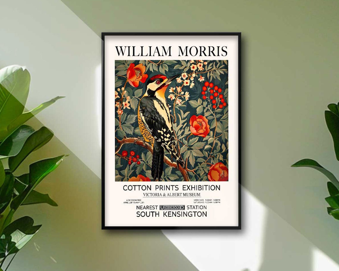 William Morris Woodpecker Floral Cotton Prints Exhibition Poster