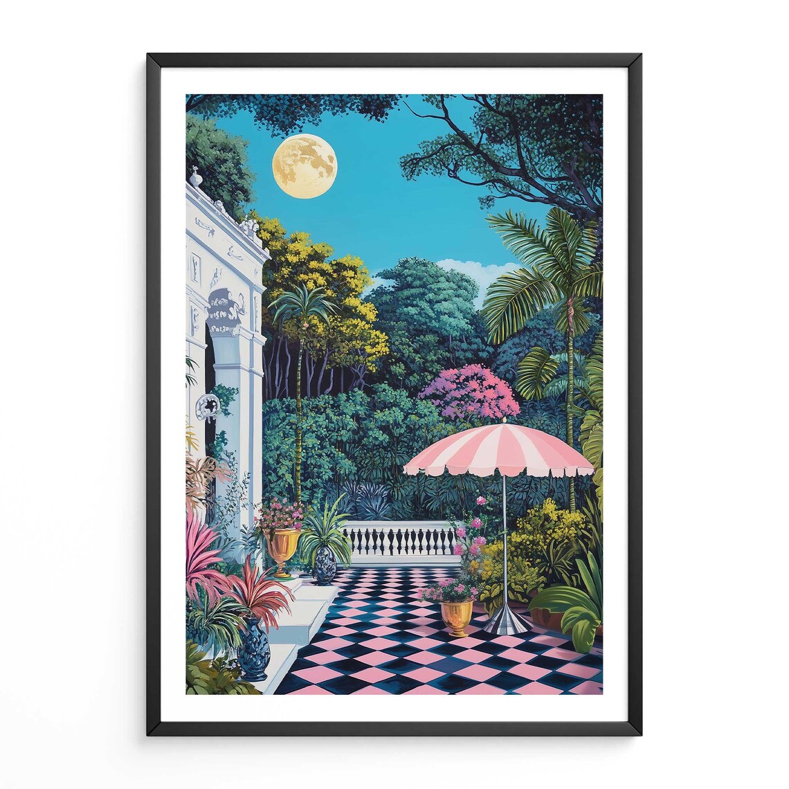 Moonlit Garden Courtyard Art Print, Tropical Villa Decor